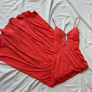 Niki by Niki Livas coral orange formal maxi dress gown with Yellow Gold Beads